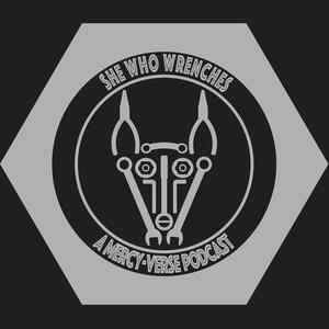A coyote made of car mechanic tools, framed by a bolt with the words: She Who Wrenches: A Mercy Thompson Re-Read Along Podcast